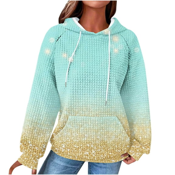 FRSASU Womens Hoodies Casual Long Sleeve Drawstring Color Block Printed Waffle Pullover Tops Loose Hooded Sweatshirt with Pocket Light Blue