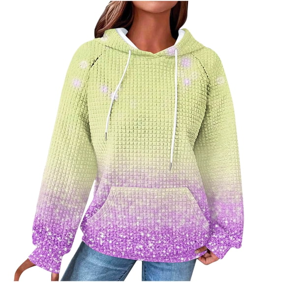 FRSASU Womens Hoodies Casual Long Sleeve Drawstring Color Block Printed Waffle Pullover Tops Loose Hooded Sweatshirt with Pocket Yellow