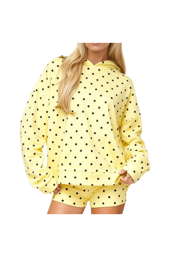 Womens Hoodies Polka Dot Print Oversized Hooded Pullover Shirt Long Sleeve Sweatshirt with Pocket Yellow