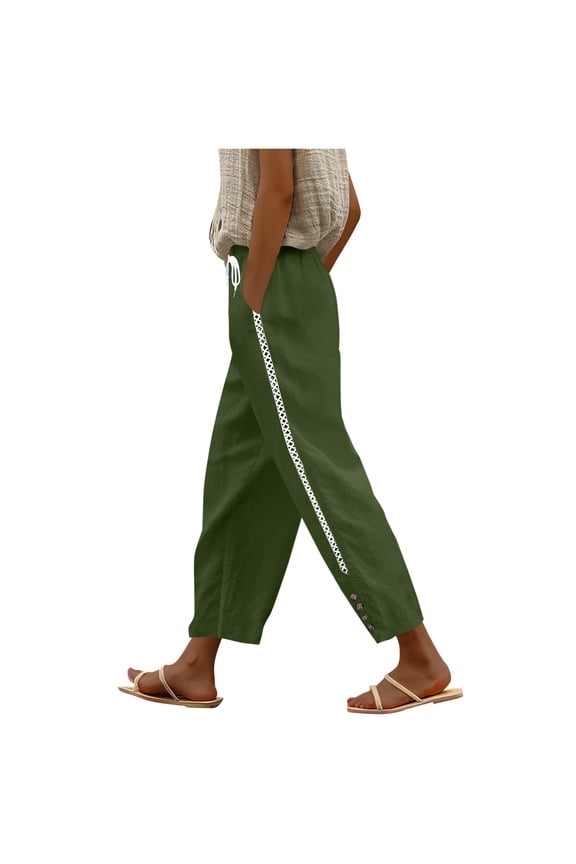Womens Imitation Cotton Pants Wide Leg Elastic High Waisted Drawstring Casual Loose Pants with Pockets Army Green