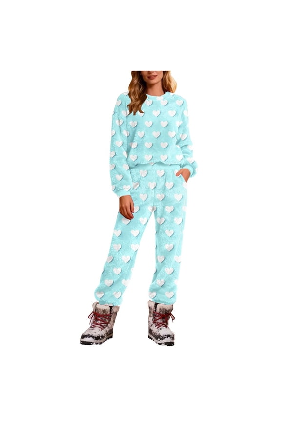 Womens Jogger Sets Love Heart Printed Plush Long Sleeve Round Neck Top Pants Soft Lounge Sets with Pockets Light Blue