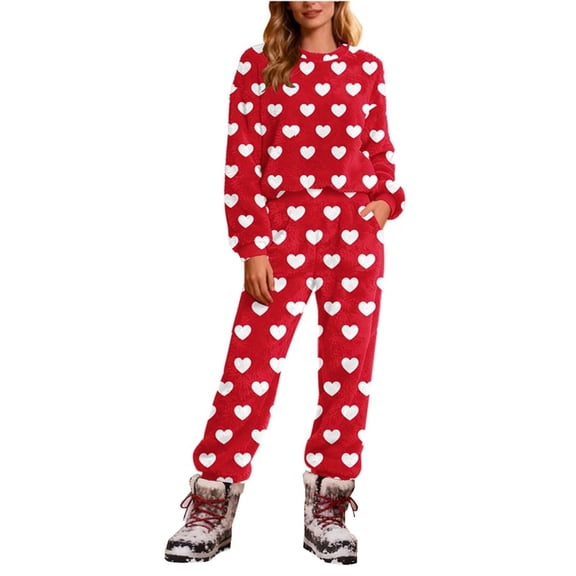 FRSASU Womens Jogger Sets Love Heart Printed Plush Long Sleeve Round Neck Top Pants Soft Lounge Sets with Pockets Red