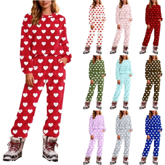 FRSASU Womens Jogger Sets Love Heart Printed Plush Long Sleeve Round Neck Top Pants Soft Lounge Sets with Pockets White