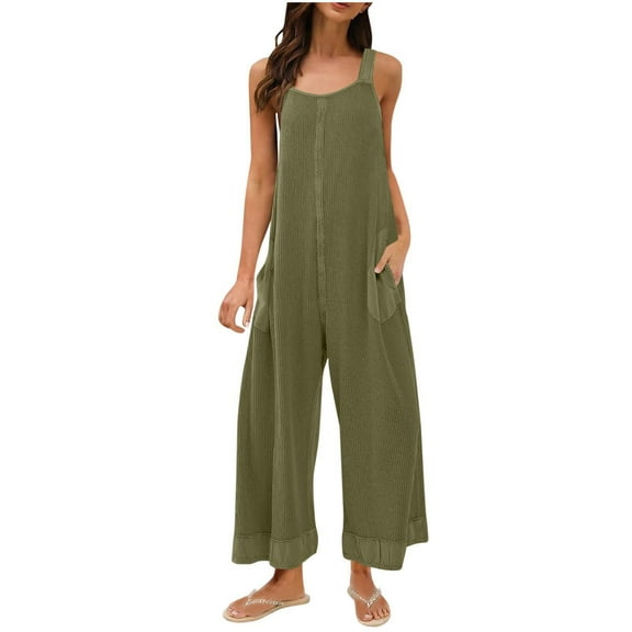 FRSASU Womens Jumpsuit Summer Casual Waffle Loose One Piece Overalls Sleeveless Wide Leg Rompers with Pocvket Army Green