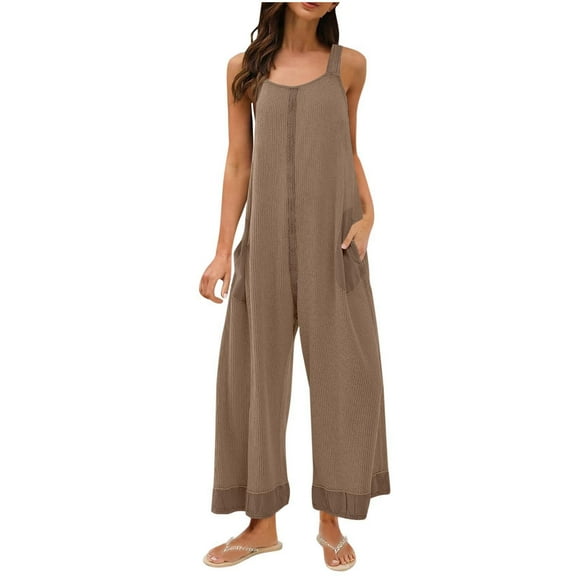 FRSASU Womens Jumpsuit Summer Casual Waffle Loose One Piece Overalls Sleeveless Wide Leg Rompers with Pocvket Brown