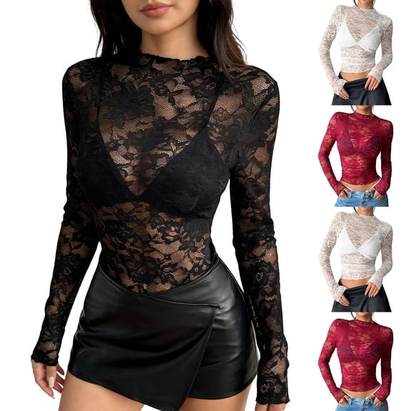 FRSASU Womens Lace Floral Long Sleeve Mesh Tops Round Neck Sheer Blouse See Through Layering Top Shirts White