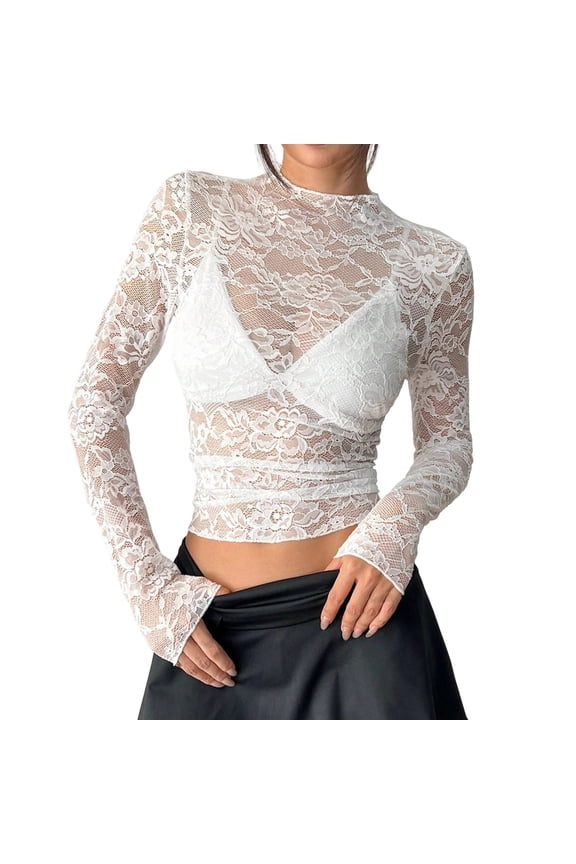 Womens Lace Floral Long Sleeve Mesh Tops Round Neck Sheer Blouse See Through Layering Top Shirts White