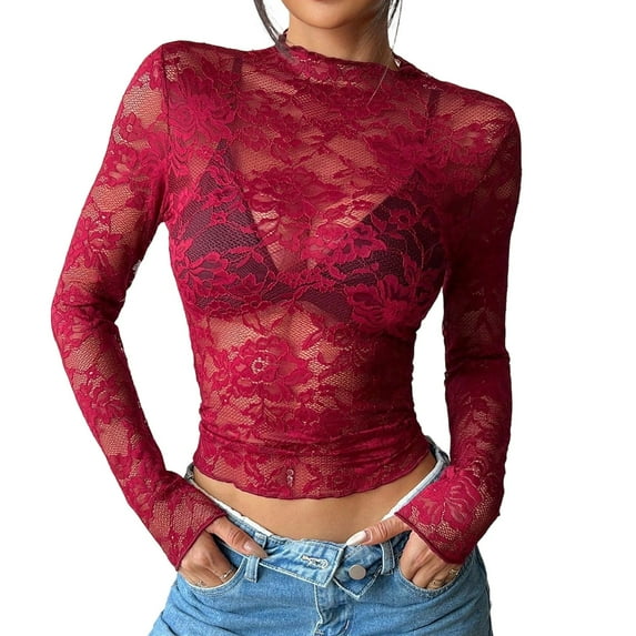 FRSASU Womens Lace Floral Long Sleeve Mesh Tops Round Neck Sheer Blouse See Through Layering Top Shirts Wine
