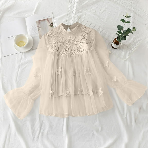 FRSASU Womens Lace Long Sleeve round neck Tops Fall Dressy Casual Blouses Business Work Shirts Fashion Clothe Trendy Outfits Beige