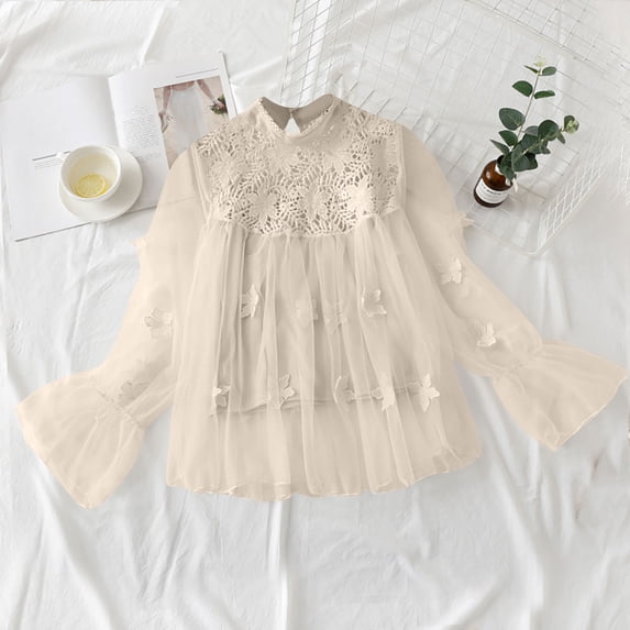 FRSASU Womens Lace Long Sleeve round neck Tops Fall Dressy Casual Blouses Business Work Shirts Fashion Clothe Trendy Outfits Beige