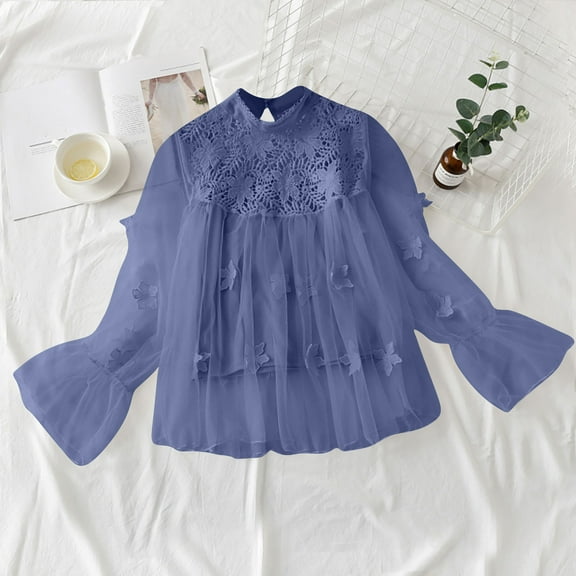 FRSASU Womens Lace Long Sleeve round neck Tops Fall Dressy Casual Blouses Business Work Shirts Fashion Clothe Trendy Outfits Blue
