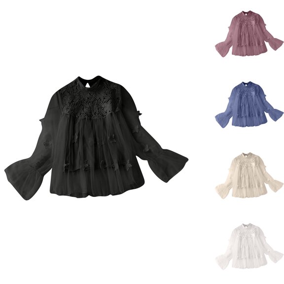 FRSASU Womens Lace Long Sleeve round neck Tops Fall Dressy Casual Blouses Business Work Shirts Fashion Clothe Trendy Outfits White