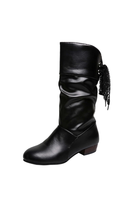 Womens Lace Tie Boots Bow Pleated Thick Warm Mid Calf Boots Winter Soft Leather Flat Low Heels Fashion Combat Booties On