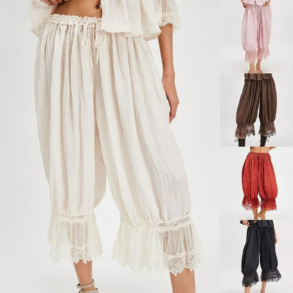 FRSASU Womens Lace Trim Pajama Pants Solid Color Hollow Ruffle Soft Home Clothes Pajamas Pants White