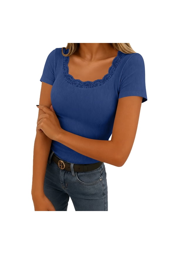 Womens Lace U Neck Tops Short Sleeve Ribbed Knit Top Summer Slim Fit Casual T Shirts Blouse Blue