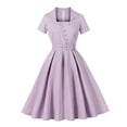 thumbnail image 1 of FRSASU Womens Lavender Checkered Retro Vintage Midi Dress Short Sleeve Button Front Rock Style Pleated Dress Purple, 1 of 9