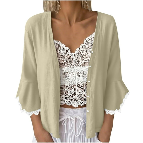 FRSASU Womens Lightweight Cardigan Sweaters Open Front 3/4 Sleeve Knit Flared Cuffs Lace Cotton Linen cardigan Khaki M(M)