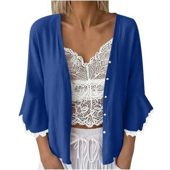 FRSASU Womens Lightweight Cardigan Sweaters Open Front 3/4 Sleeve Knit Flared Cuffs Lace Cotton Linen cardigan Navy XXL(XXL)