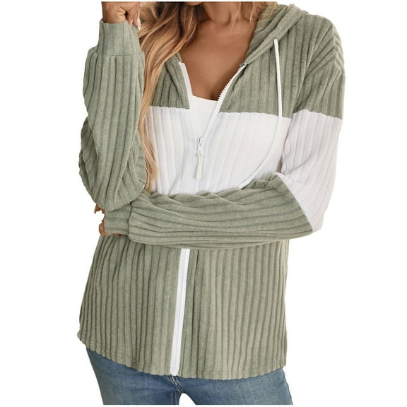 FRSASU Womens Lightweight Cardigans Casual Loose Color Block Loose Long Sleeve Rib Zipper Hooded Cardigan Top Green
