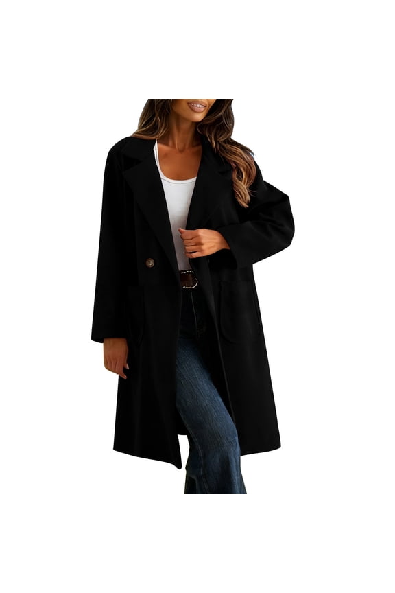 Womens Long Cardigan Jacket Open Front Dressy Casual Chunky Lapel Fall Winter Woolen Blazer Coats Black