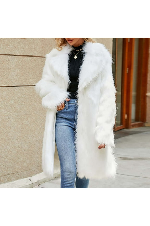 Womens Long Faux Fur Coat Oversized Loose Winter Jackets Trendy Luxury Trench Coat Open Front Lapel Outerwear White