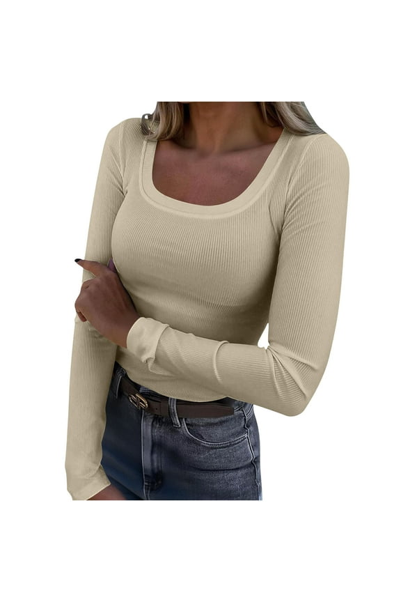 Womens Long Sleeve Crewneck T-Shirt Slim Fit Solid Color Casual Basic Tops Beige