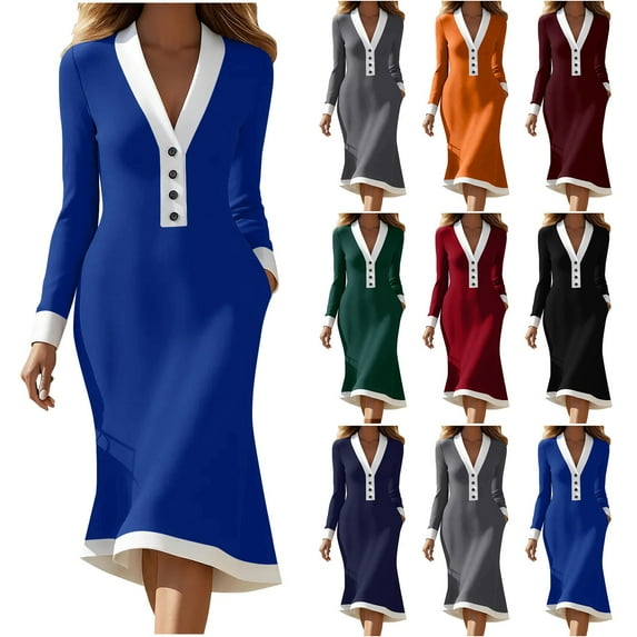 FRSASU Womens Long Sleeve Maxi Dress Spring Fall Casual V Neck Knit A Line Pockets Elegant Party Wedding Guest Dresses Wine