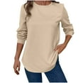 thumbnail image 1 of FRSASU Womens Long Sleeve Round Neck Shirts Solid Jacquard Curved Hem Basic Loose Casual Tops Khaki S(S), 1 of 7