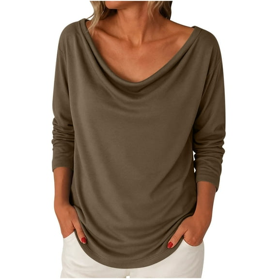FRSASU Womens Long Sleeve Shirts Solid Loose Fit Spring Fall Tops Fashion Clothes Basic Casual Tees Brown XXL(XXL)