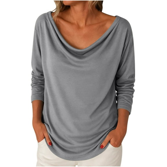 FRSASU Womens Long Sleeve Shirts Solid Loose Fit Spring Fall Tops Fashion Clothes Basic Casual Tees Gray XXL(XXL)