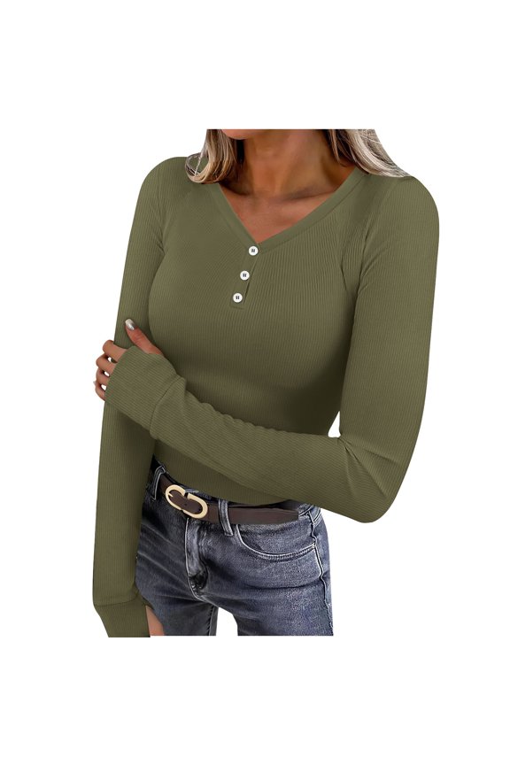 Womens Long Sleeve Shirts Spring Clothes Fitted Casual Work Basic Cute Tops Button V Neck Tee T-Shirts Army Green