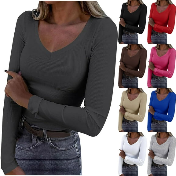 FRSASU Womens Long Sleeve Shirts V Neck Ribbed Slim Fit Basic Tops thermal Undershirts Casual Tee White