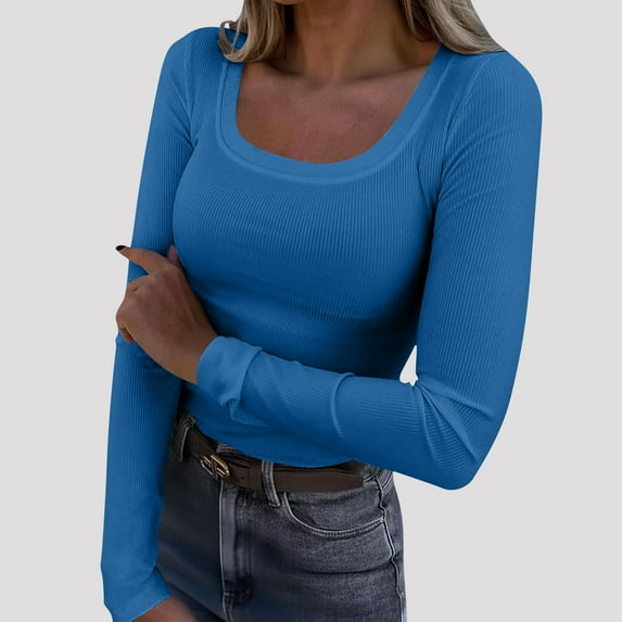 FRSASU Womens Long Sleeve Stretch Crewneck Ribbed T-Shirt Fitted Casual Basic Tops Blue