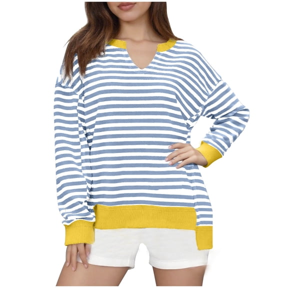 FRSASU Womens Long Sleeve Sweatshirts Oversized Crewneck striped Color Block Pullover Top Casual Lightweight Blouse Tops Light Blue