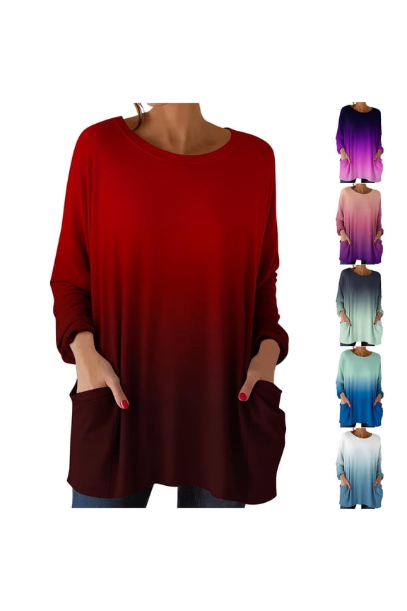 Womens Long Sleeve Tunic Tops Gradient Color Casual Loose Fit Sweatshirts Crew Neck Pullover Blouse Sweatshirts with Pockets Gray