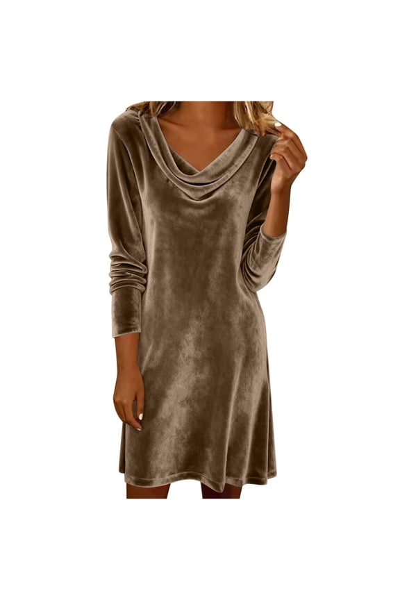 Womens Long Sleeve Velvet Dress Draped Neck Pleated Collar Velvet Elegant Dress Winter Holiday Cocktail Party Dresses Brown