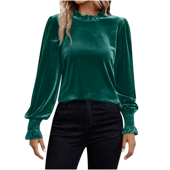 FRSASU Womens Long Sleeve Velvet Tops Fall Winter Solid Color Trendy Cute Elegant Loose Shirts Green
