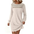 thumbnail image 1 of FRSASU Womens Long Sleeve Winter Dresses Flowy Casual Ribbed Knit Crew Neck Lace Patchwork Sweater Dress Beige, 1 of 9