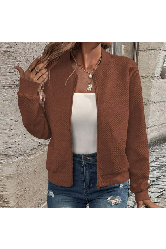 Womens Long Sleeve Zip Up Round Neck Cardigans Sweaters Lightweight Zipper Sweatshirts Jacket Brown