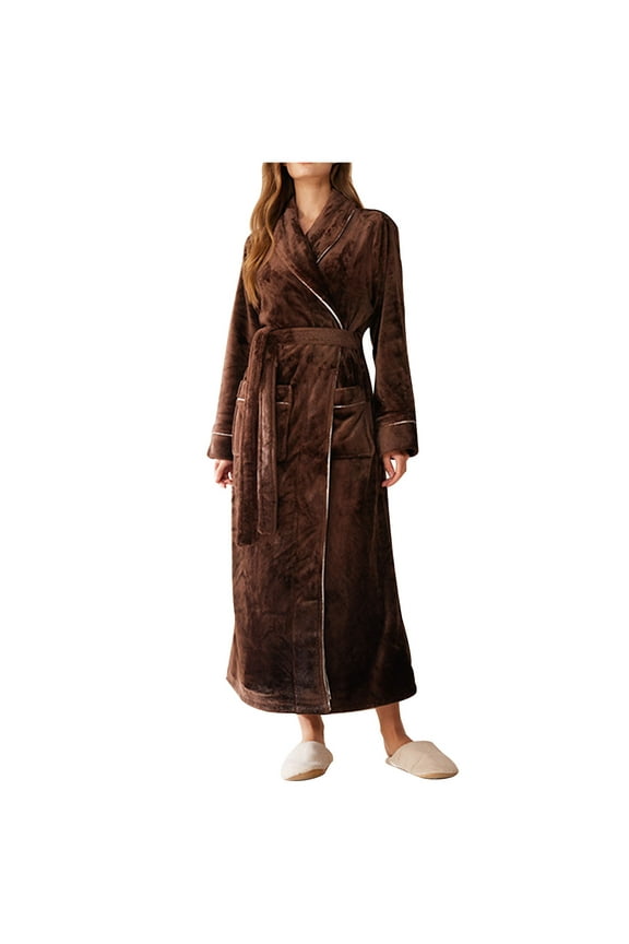Womens Long Solid Color Plush Robe - Warm Soft Floor Length Flannel Bathrobes for Winter Thicker Long Home Wear with Pockets Coffee