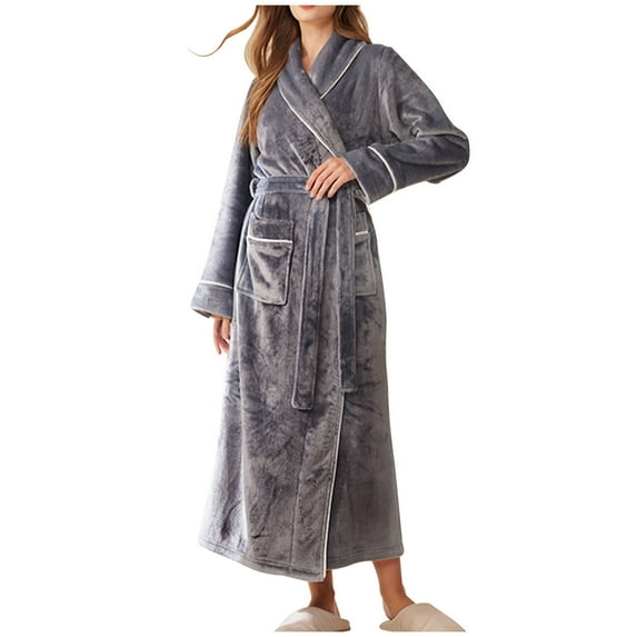 FRSASU Womens Long Solid Color Plush Robe - Warm Soft Floor Length Flannel Bathrobes for Winter Thicker Long Home Wear with Pockets Gray