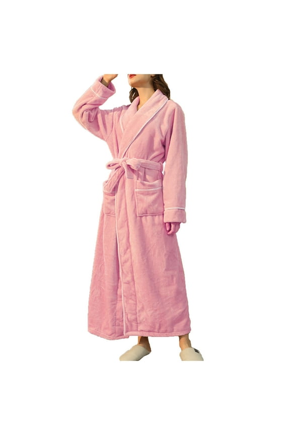 Womens Long Solid Color Plush Robe - Warm Soft Floor Length Flannel Bathrobes for Winter Thicker Long Home Wear with Pockets Pink