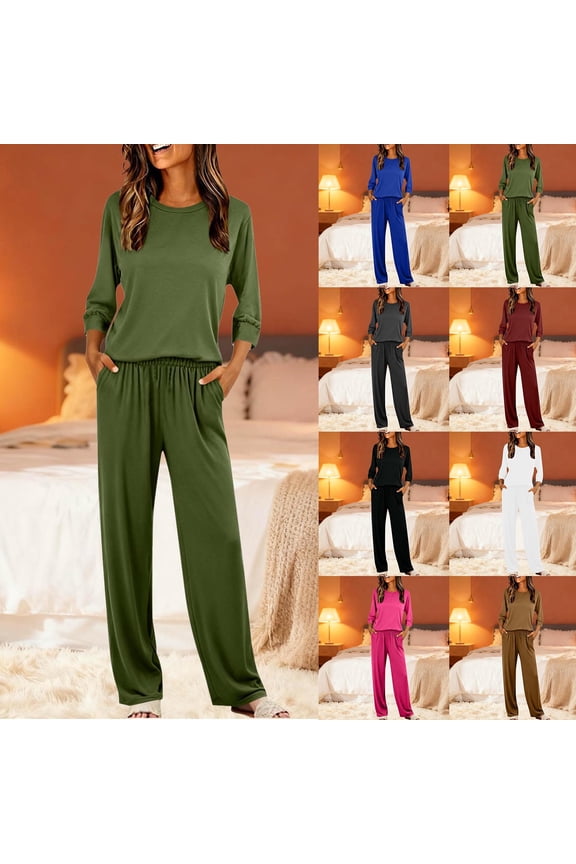 Womens Lounge Sets 2 Piece Pajamas Sets 3/4 Sleeve Tops and Long Pants Soft Loungewear with Pockets White