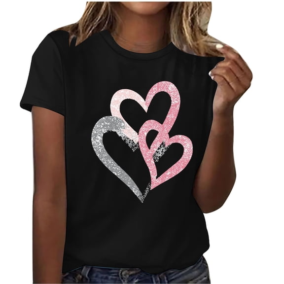 FRSASU Womens Love Heart Shirts Short Sleeve Valentines Crewneck Colorful Heart Graphic Tees Tops Black