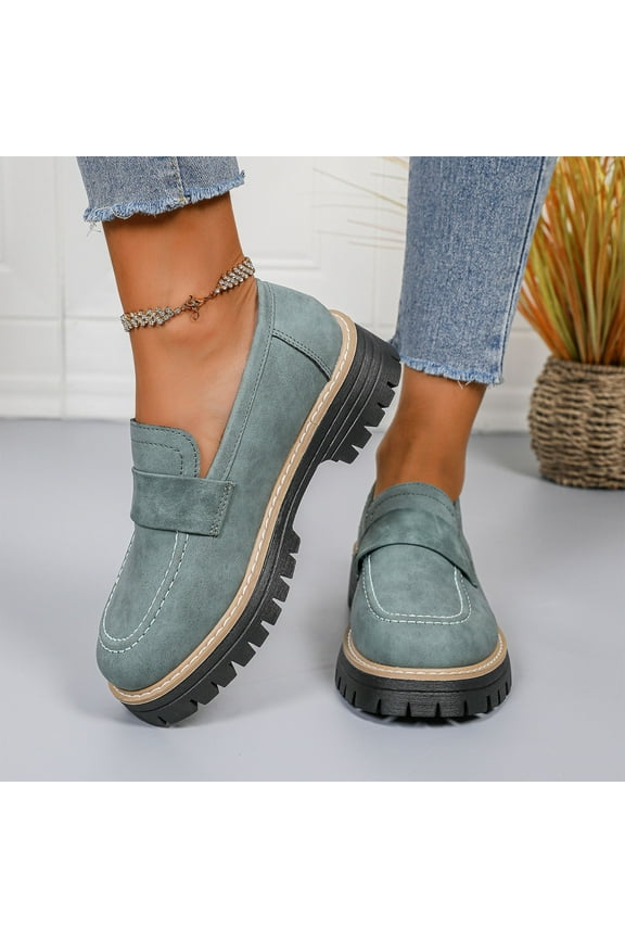 Womens Lug Sole Platform Mid Chunky Heel Loafers Classic Round Toe Slip On office Uniform Oxfords Shoes Green