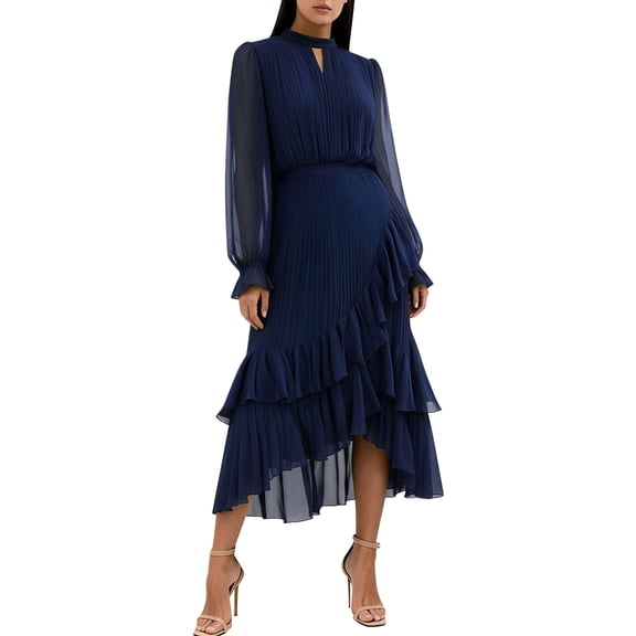 FRSASU Womens Mock Neck Maxi Dresses Wedding Guest Casual Pleated Long Sleeve Semi-formal Irregular Ruffle Hem Long Dress Navy