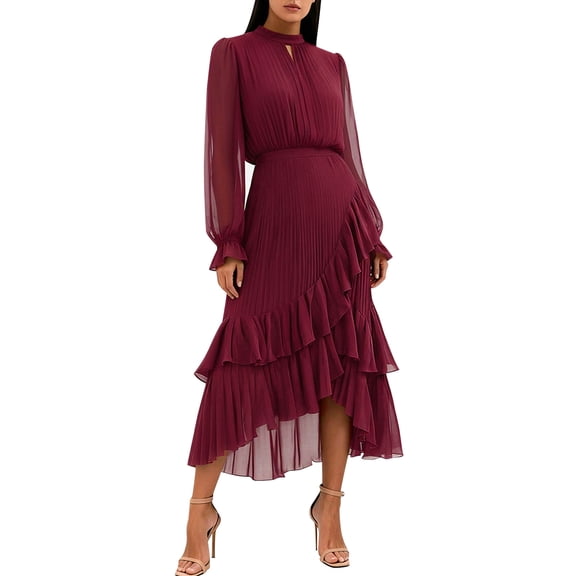FRSASU Womens Mock Neck Maxi Dresses Wedding Guest Casual Pleated Long Sleeve Semi-formal Irregular Ruffle Hem Long Dress Red