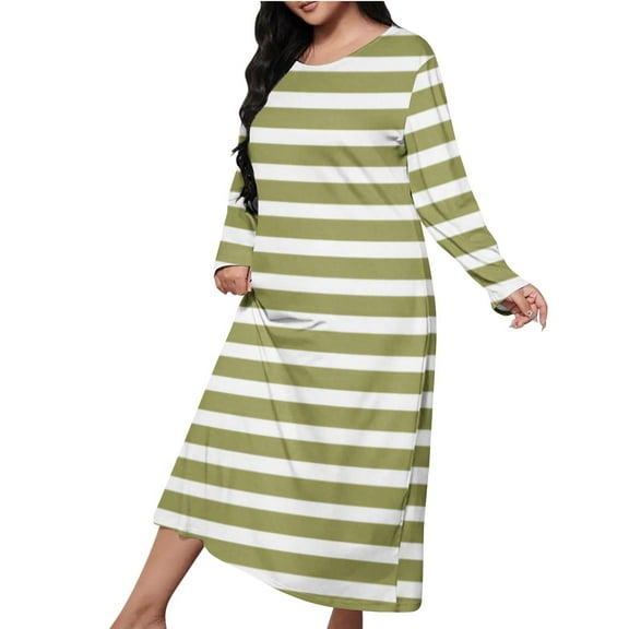 FRSASU Womens Nightgown Long Sleeve Night Stripe Color Blocking Printing Dress Long Sleepwear Gown Mint Green L(L)