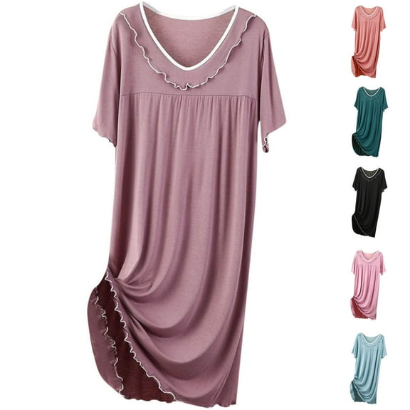 FRSASU Womens Nightgown V Neck Solid Color Short Sleeve Long Sleepwear Soft Loungewear Watermelon Red