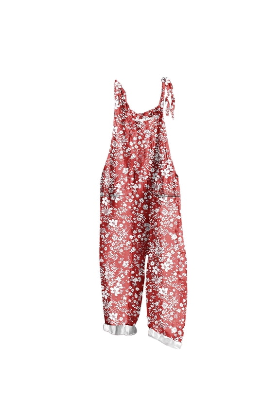 Womens Overalls Plus Size Loose Fit Print Sleeveless Jumpsuit Wide Leg Romper Casual Jumpsuits with Pockets Red L(L)